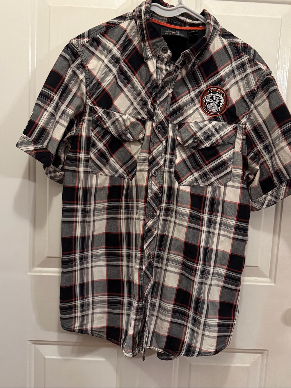 Harley-Davidson Black White Plaid Short Sleeve Button-Up Shirt with Red Trim
